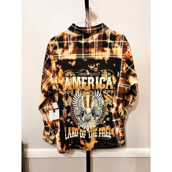 Originality La La Land America Land of the Free Bleach Dyed Plaid Flannel Shirt - Picture 3 of 8